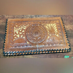 Antique Hand Tooled Leather Mexican Clutch Purse 10”x6”x.5”